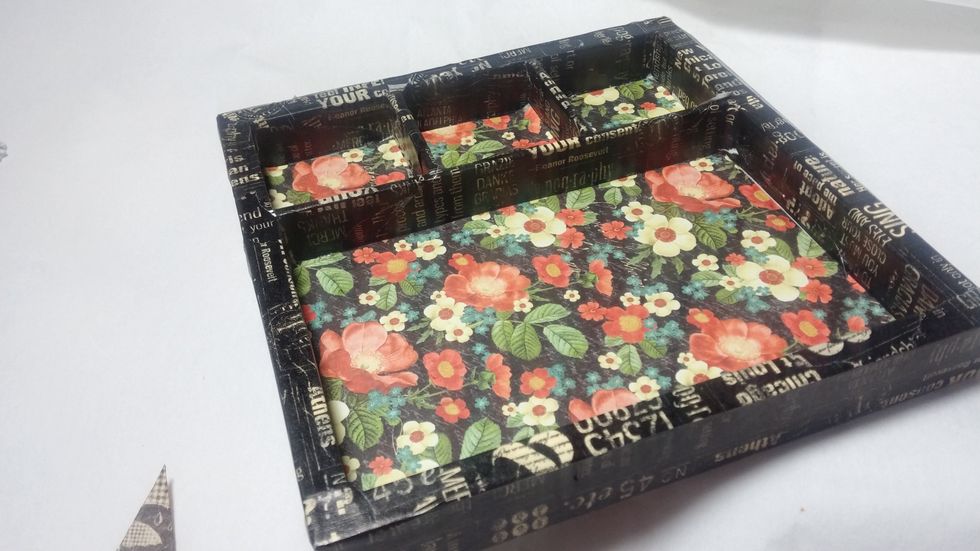 Prepare the rest of the shadow box by lining it with paper. Here I chose the bold floral as I wanted to create a whimsical feel to the project.