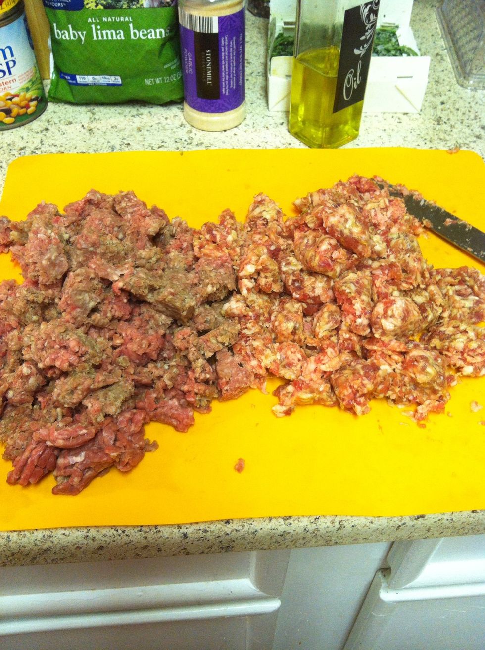 Prepare you meat. I chopped mine up because it was still partially frozen. Ground turkey would be awesome in this to make it healthier.