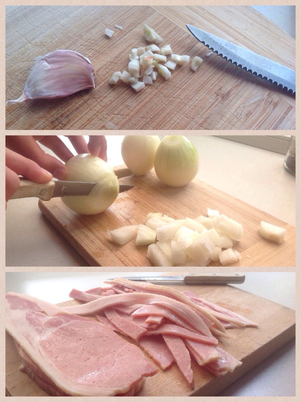 Prepare your bacon, onions and garlic.