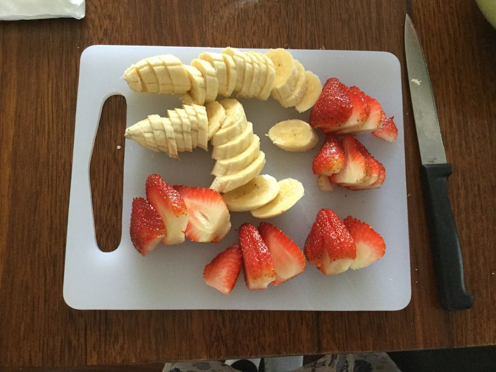 Prepare your fruit. (I'm using strawberries and bananas)