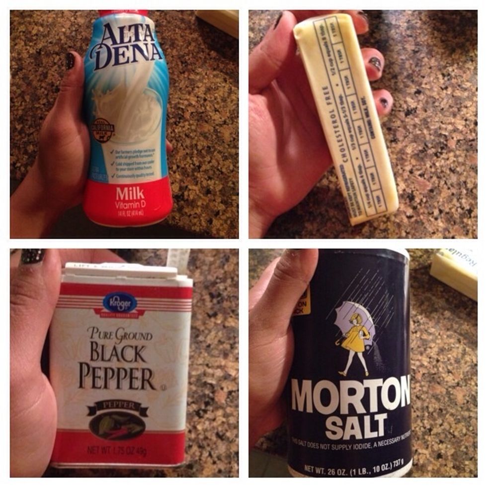 Prepare your ingredients! 1/2 cup warm milk, 1 tablespoon of softened butter, and salt & pepper to taste!