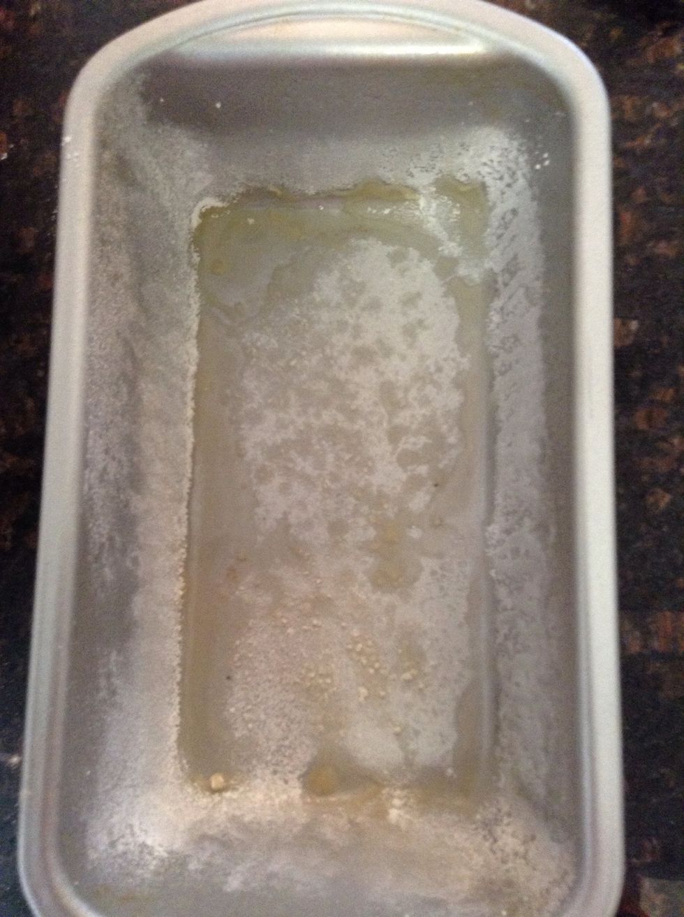 Prepare your loaf pan with non stick spray and a small amount of flour.