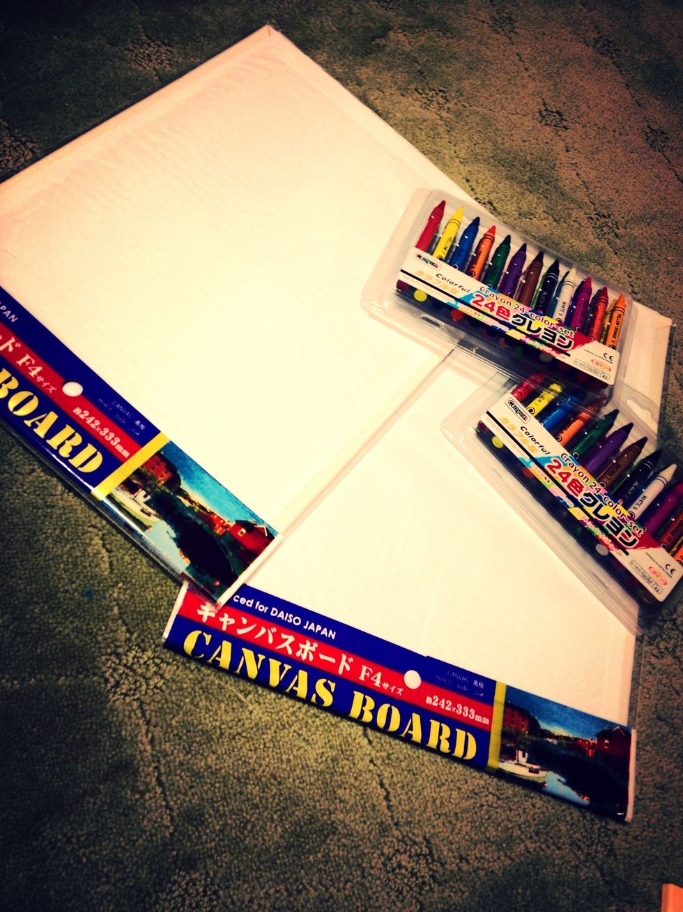 Prepare your materials; a canvas board and at least 24 crayons.