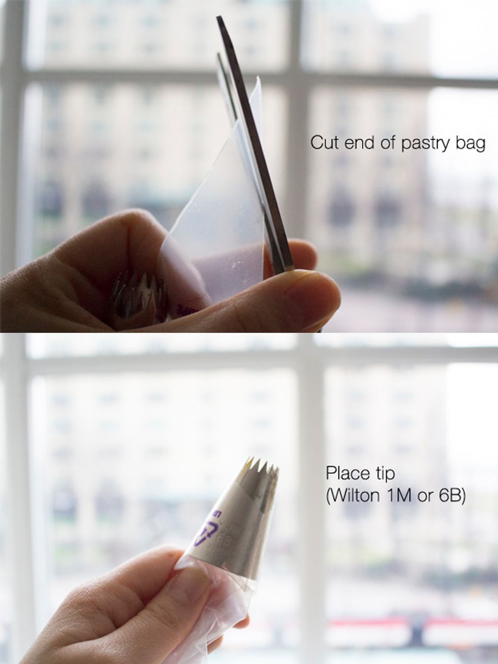 Prepare your pastry bag (or use a sandwich bag). Cut off the pointed end and place a Wilton 1M or 6B tip at the end.