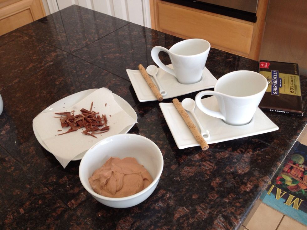 Prepare your serving dishes and chocolate shavings, and get the whipped cream out of the refrigerator.