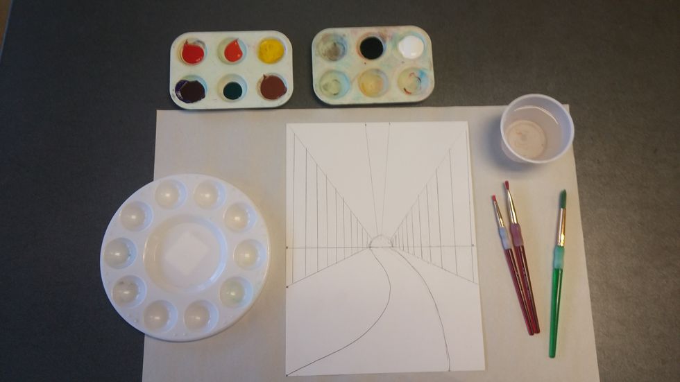 Prepare your space. Have your colors (depending on the season you chose) in a pallet and a clean pallet for mixing. Have several sizes of brushes and a cup of water.