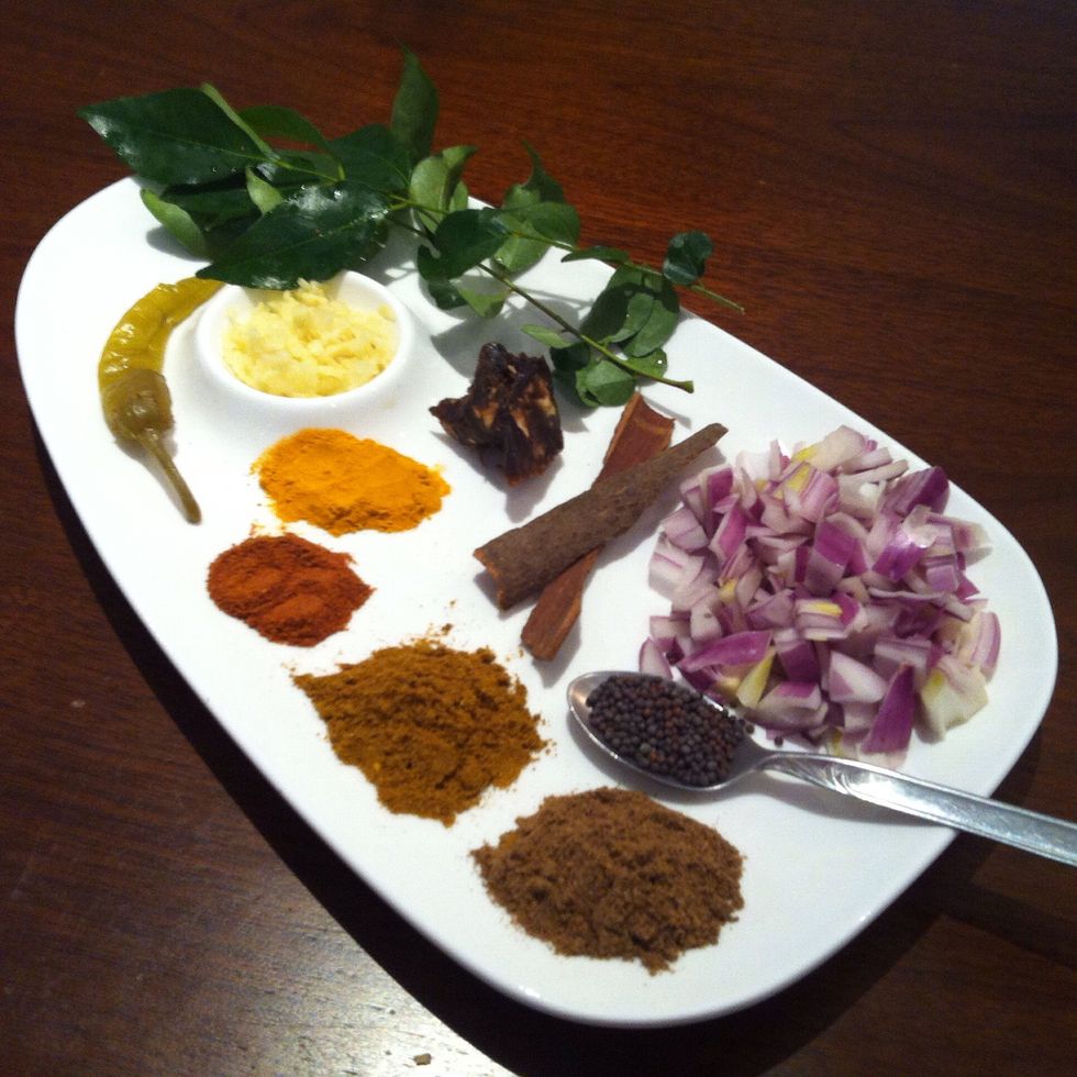 Prepare your spices and onion. Note that the quantities in this picture are for demonstration only as you will need less. For exact amounts refer to the supplies listed at the beginning of this guide.