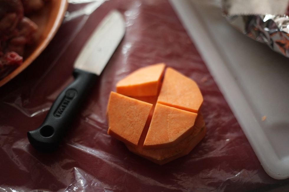 Prepare your sweet potato for roasting as you like just don't make the vegetables too small. You don't want to cook the vegetables before the meat cooks.
