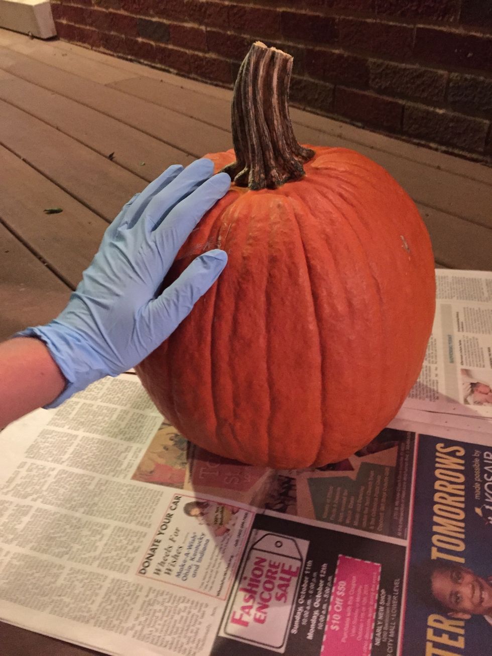 Prepare your work space. Put on your gloves and place your pumpkin on a sheet of newspaper.