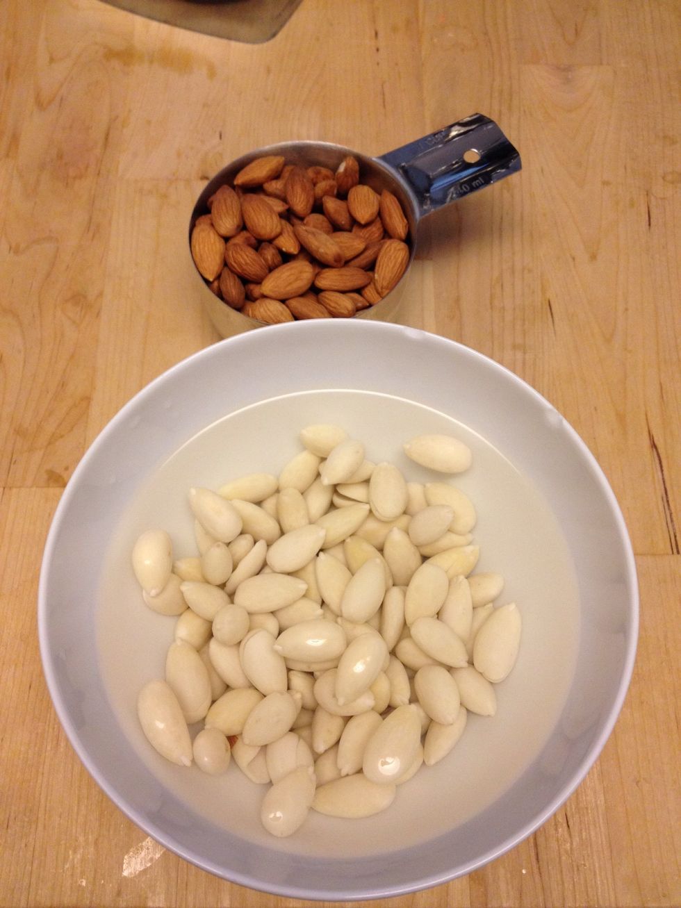 PREPARING THE ALMONDS. Soak 1 HEAPING cup of almonds over night (6-8 hours). If you want it creamier use 1.5 cups of almonds. Water should be murky in the end. Just rinse until water is clear.