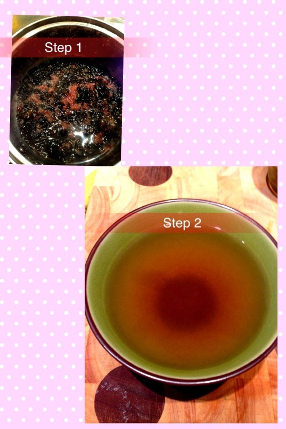 Preparing the dashi broth. Step 1: boil water and put in 1/2 cup seaweed. Leave for 20mins. Put in 1/2 cup katsuobishi (dried fish flakes). Leave for another 10mins. Step 2: drain stock into a bowl.