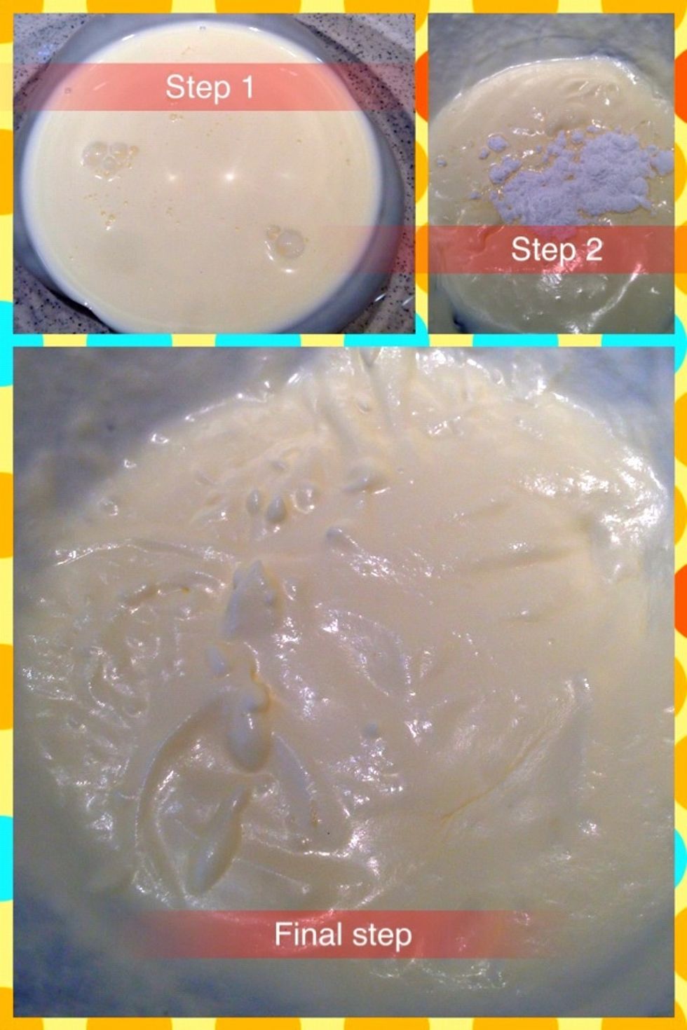 Preparing the filling. Step 1: pour the cream into a medium sized bowl. Step 2: whip with a hand mixer on high speed until frothy. Add icing sugar as final step and whisk for another 30secs. Set aside