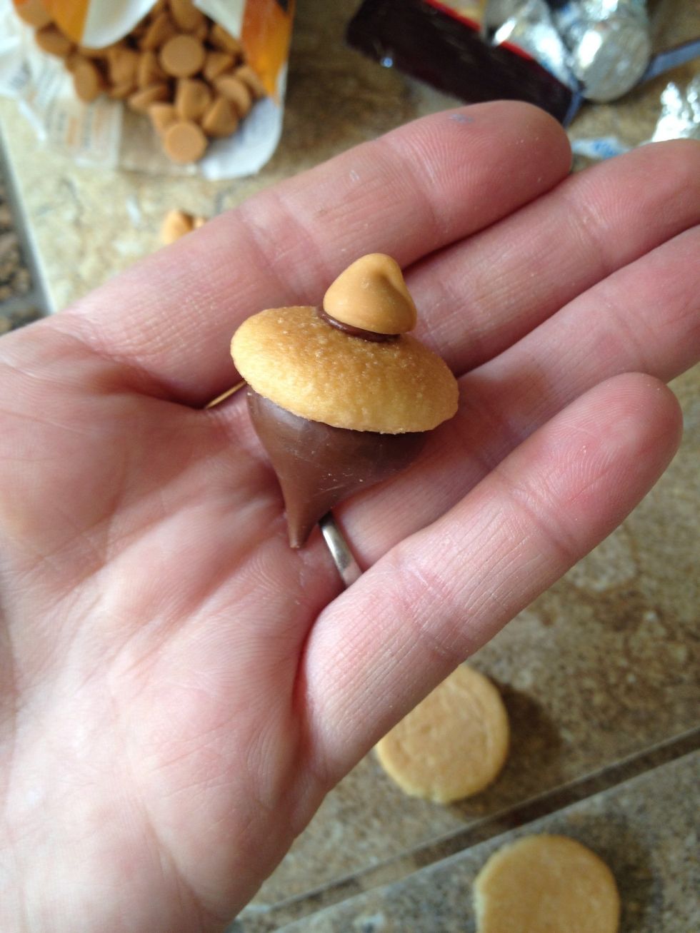 Press a chip into the dot of frosting.