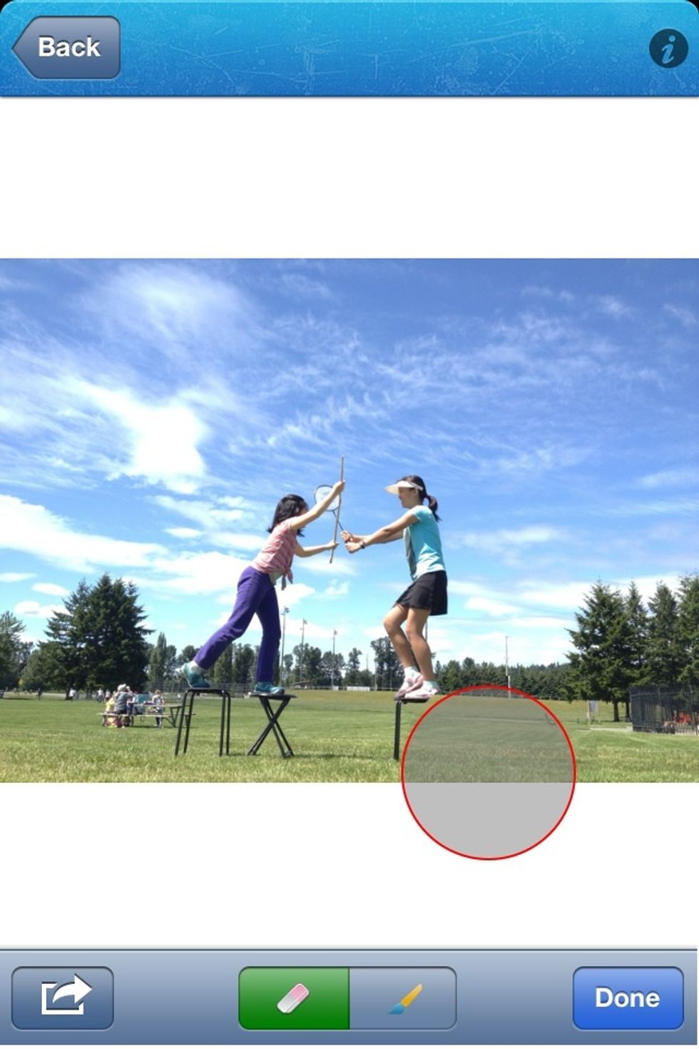 Press and hold to call out an eraser tool to erase the support and reveal the background picture. This creates the levitation effect.