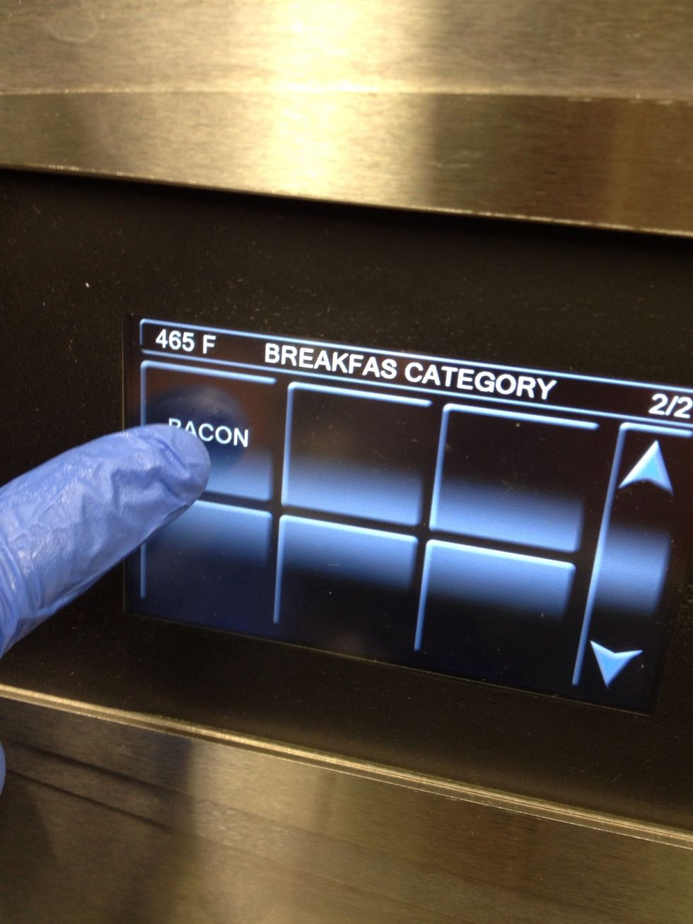 Press bacon (450 degrees F, top blower 100, bottom blower 100, 4 minutes & 45 seconds).