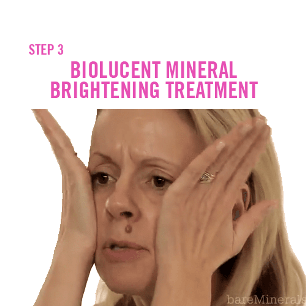 Press bareMinerals Biolucent Mineral Brightening Treatment onto the skin using your palms.