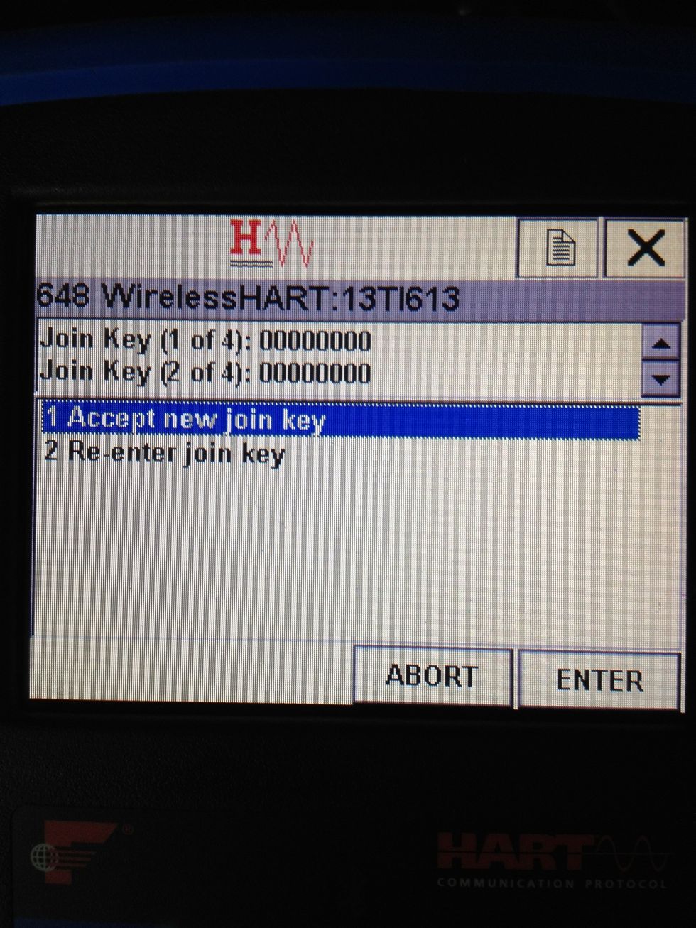 Press "Enter" to Accept new join key. The device will attempt to connect with the Wireless Gateway. This may take few minutes.