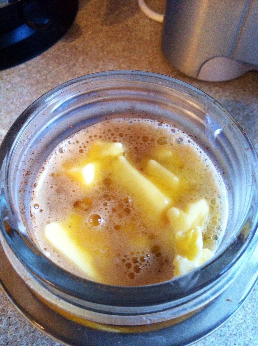 Press French Press, add brewed coffee to blender
