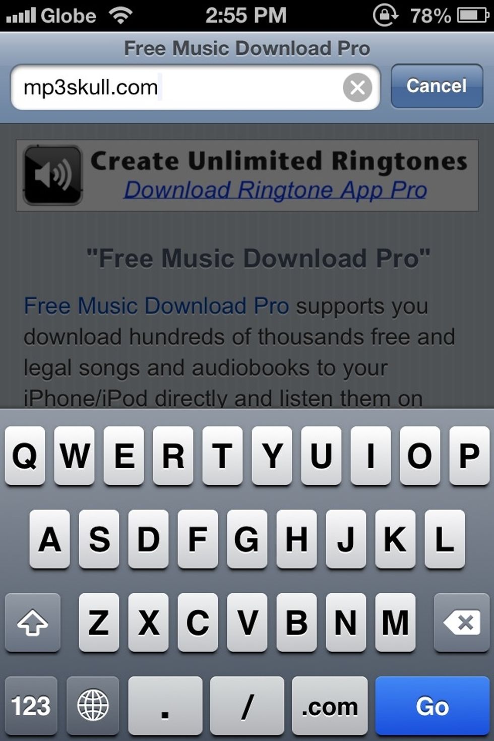 Press Go. youll get to the mp3skull.com site where we can download mp3's. (there are other good website. but i only use this one. use others you know)
