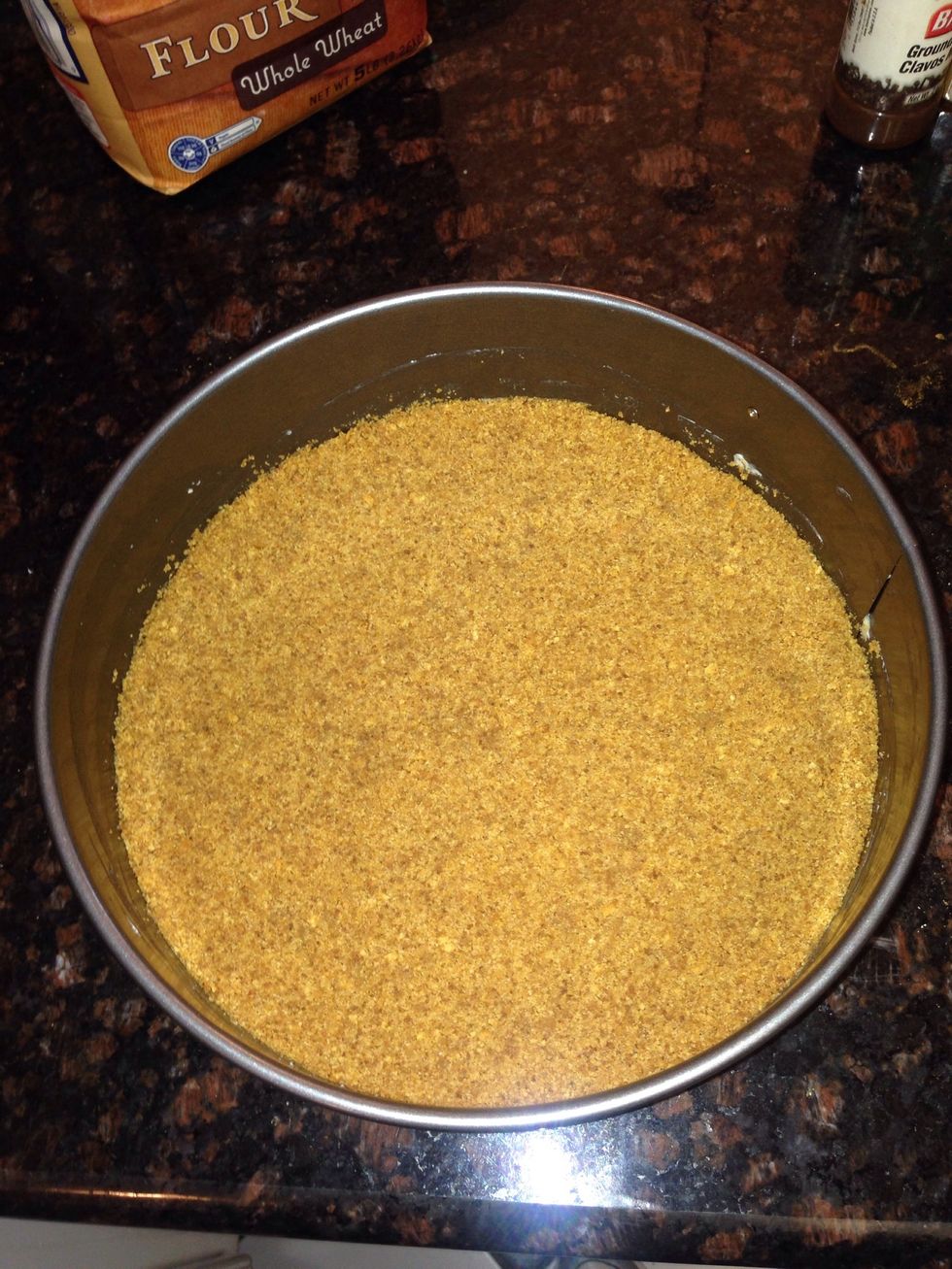 Press graham cracker crumb mixture into the bottom of the 9 inch spring form pan. Set aside in fridge until ready for filling.