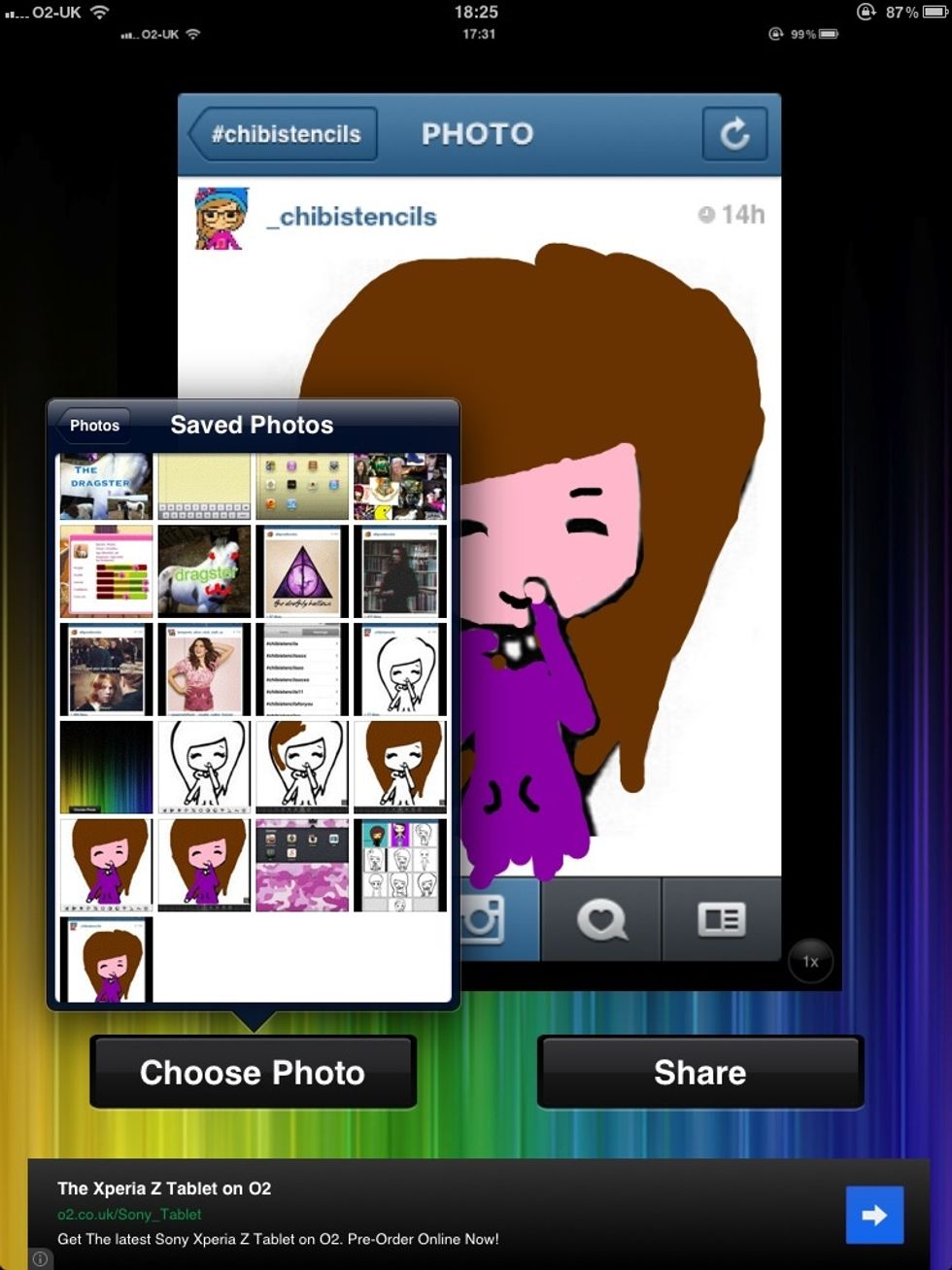 Press on choose photo. Now all your pictures will come up. Press on your chibi stencil. The chibi in the background is a previous one it's rubbish.