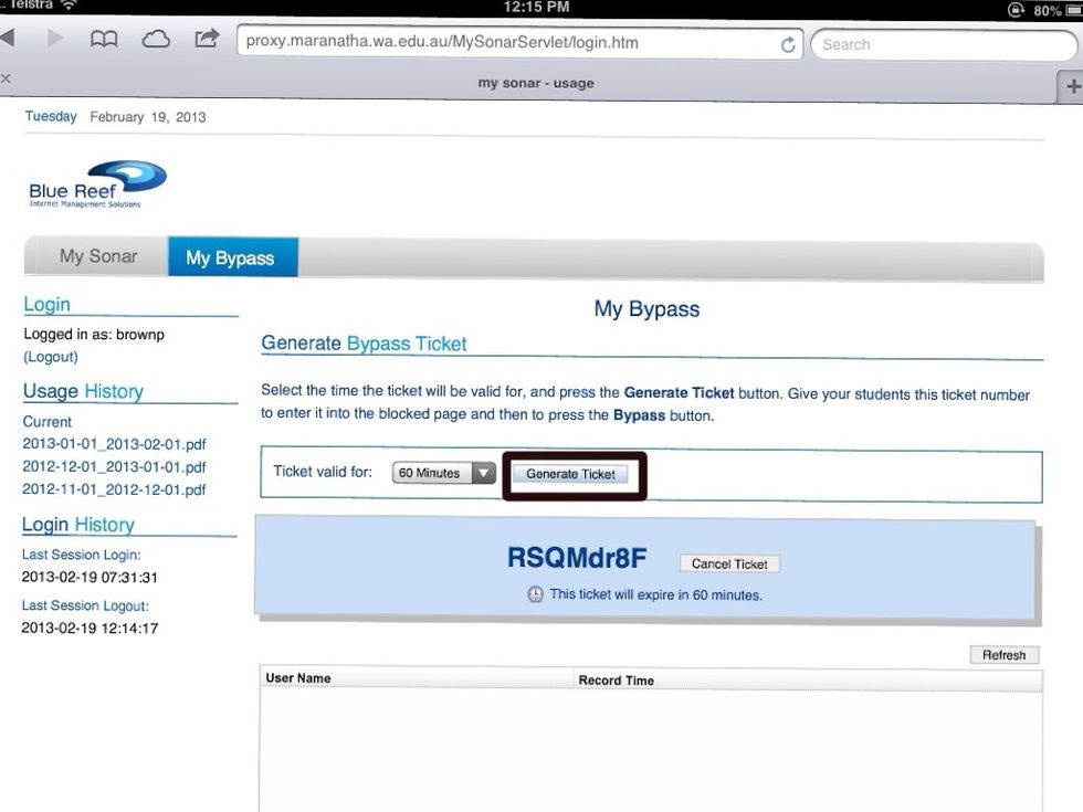 Press on 'Generate Ticket' (in black).