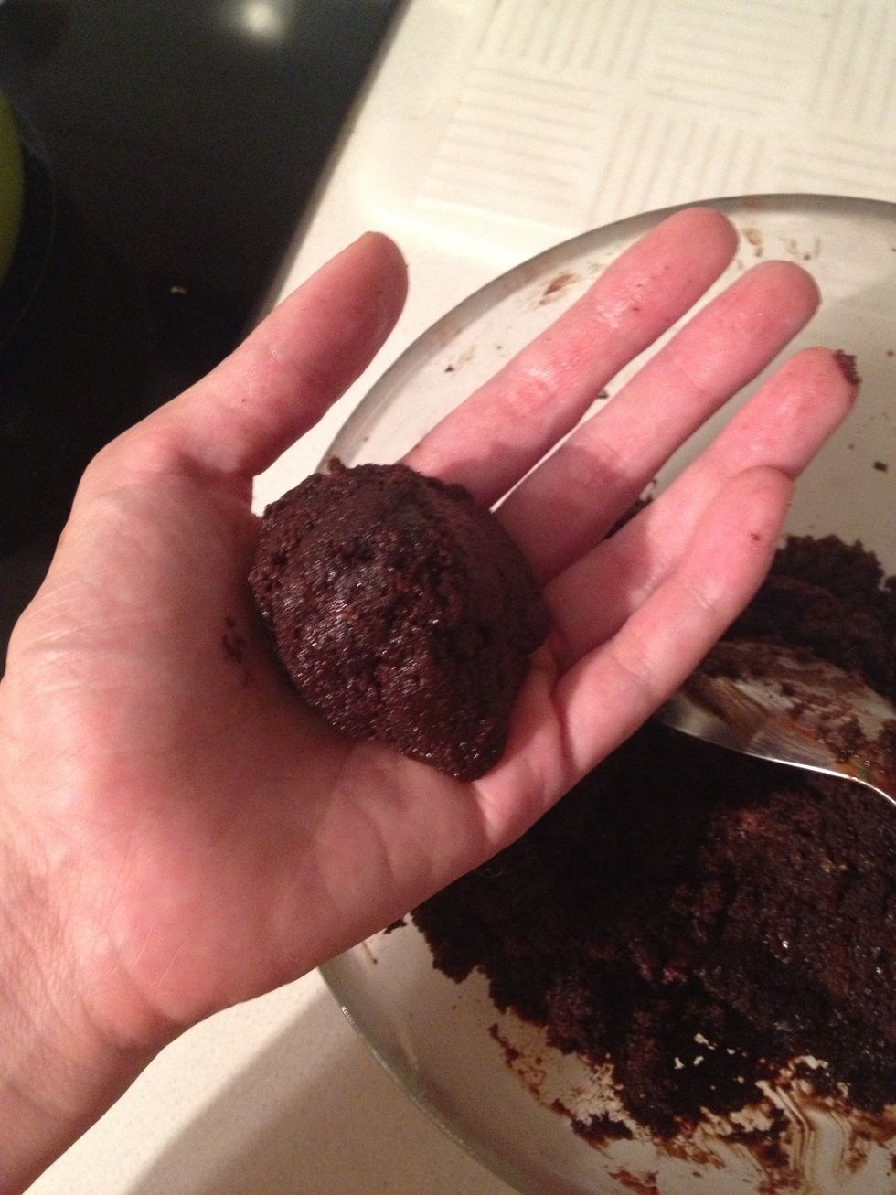 Press on the palm of your hand. Roll and press into balls. If you find the texture is falling apart and hard to work with, stick the crumb in a freezer of half and hour.