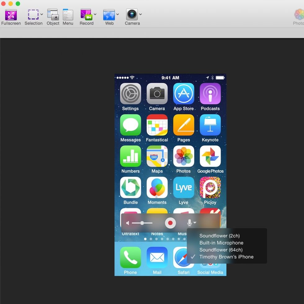 Press record button and select iPhone from drop down menu in order to connect sound.