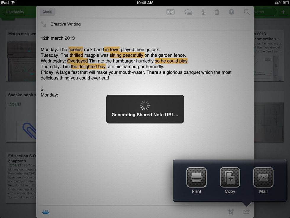 Press the copy button and then it will say generating shared note URL... That means it is copying it so you will be able to paste it soon.