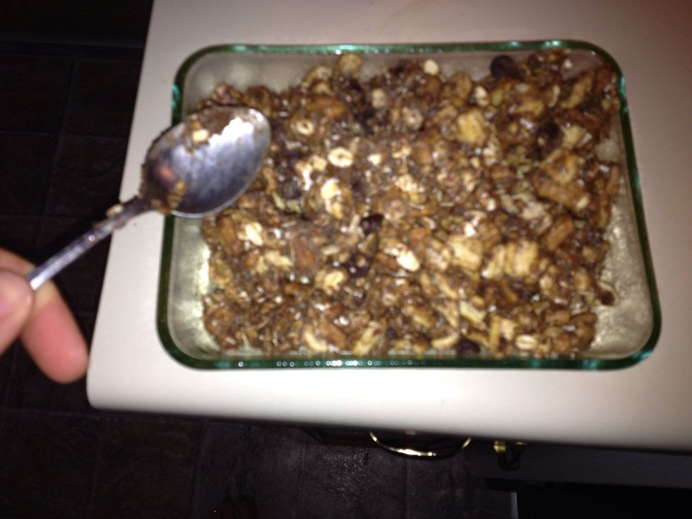 Press the mixture into the pan. (Not pictured: I sprayed my hands with non-stick coating and manually pressed it into the pan. You can use wax paper of you don't want to get sticky.)