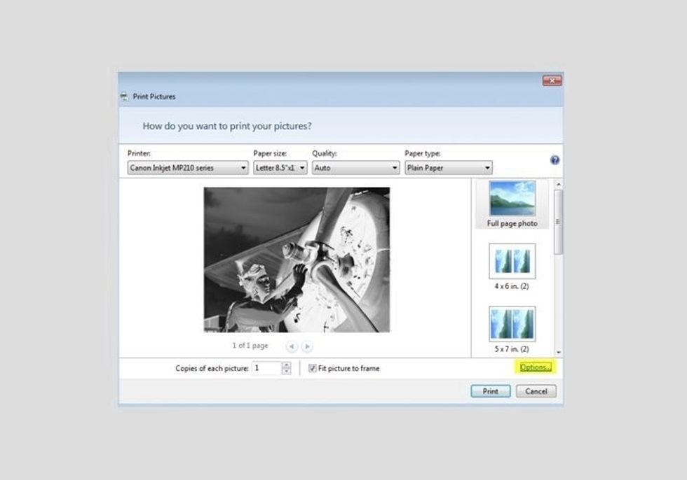 Press the "Options..." button in the bottom right corner of the Print window.