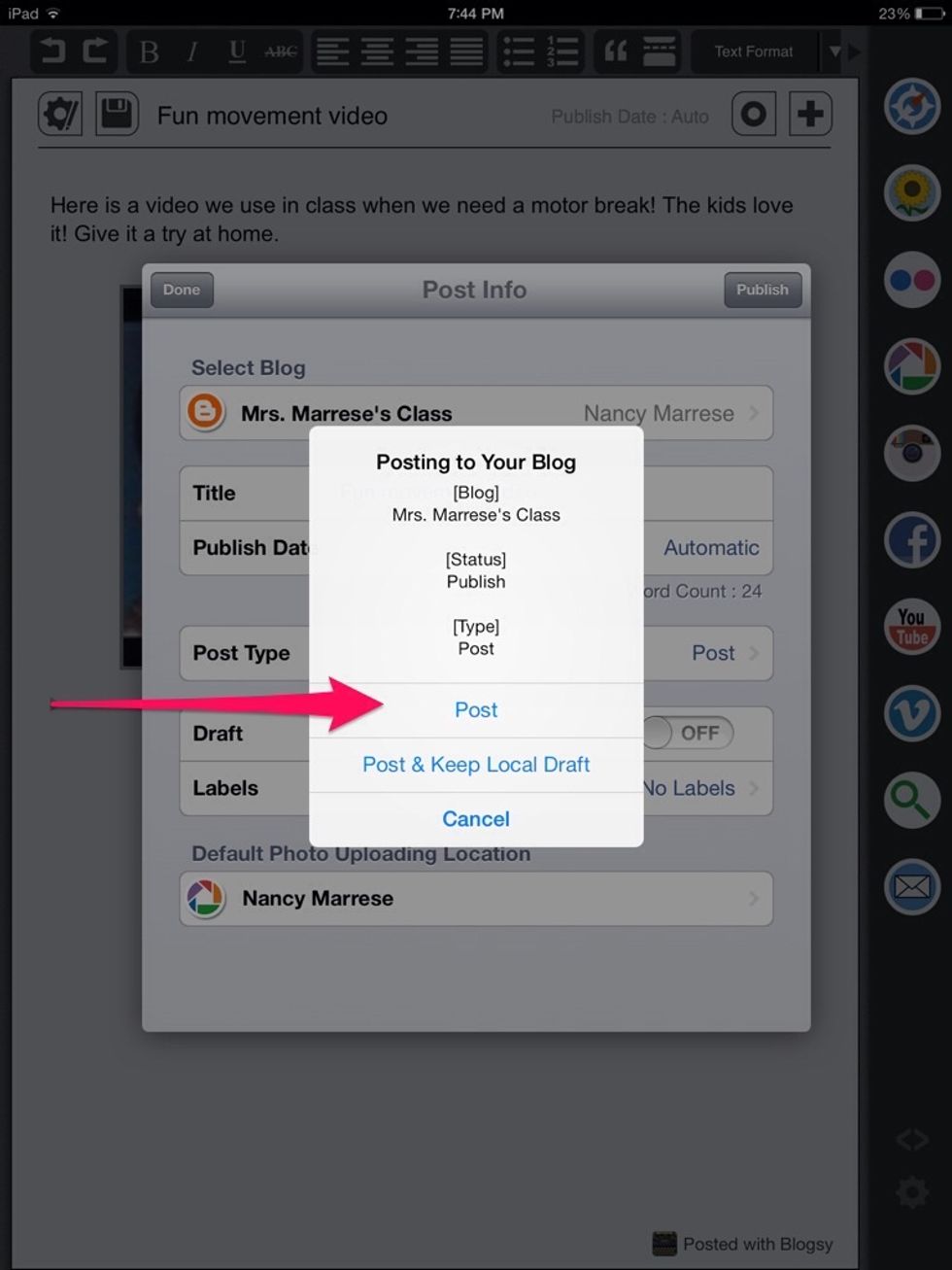 Press the post button or post or keep local draft.