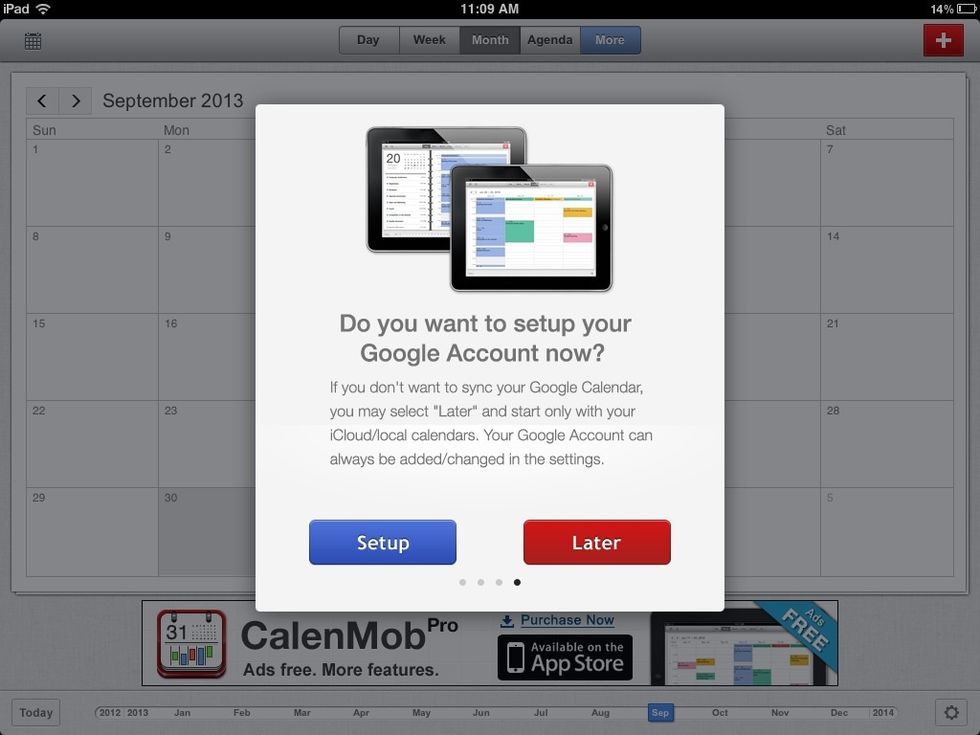 Press the "Setup" button to sync your Google Calendar with the CalenMob app.