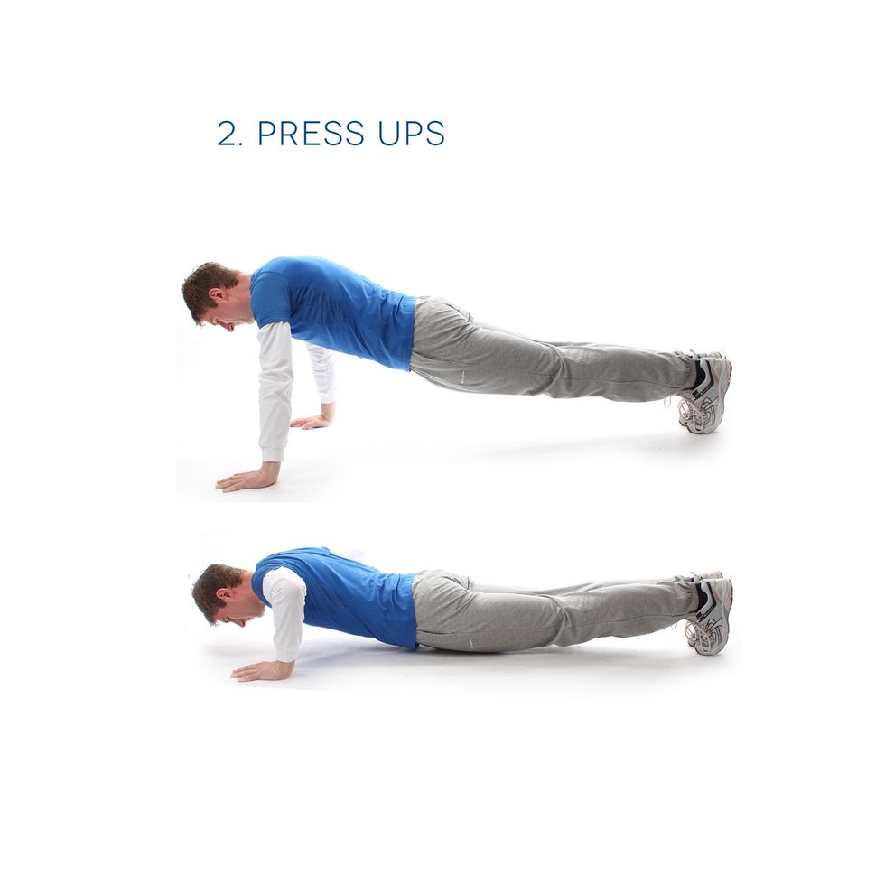 Press Ups - Let's work out the chest and arms. Start in a high plank position. Keep a straight line through your lower body. Lower yourself and push back up. Do 12 of these