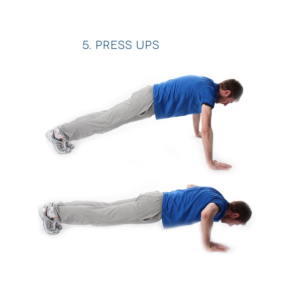 Press ups - Let\u2019s work the chest and arms. Start in a high plank position. Keep a straight line through your body. Lower yourself & push back up. Do 10 in total.