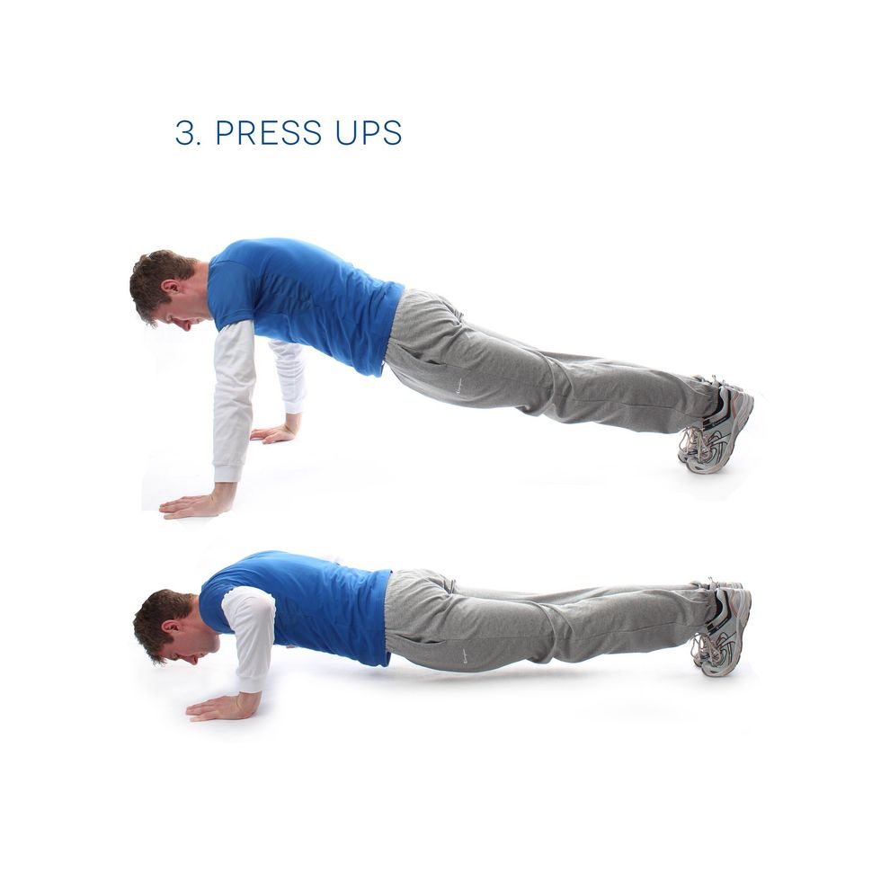 Press Ups - Start in a high plank position. Keep a straight line through your lower body. Lower yourself and push back up. Do 15 of these