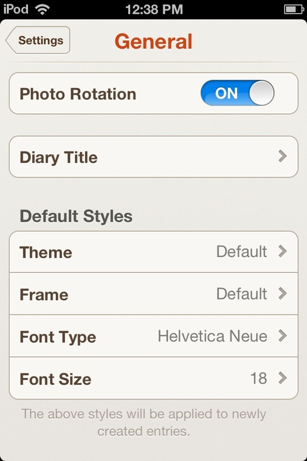 Pressing GENERAL takes you to this screen. PHOTO ROTATION makes your photos slightly off-kilter when you add them into your diary.