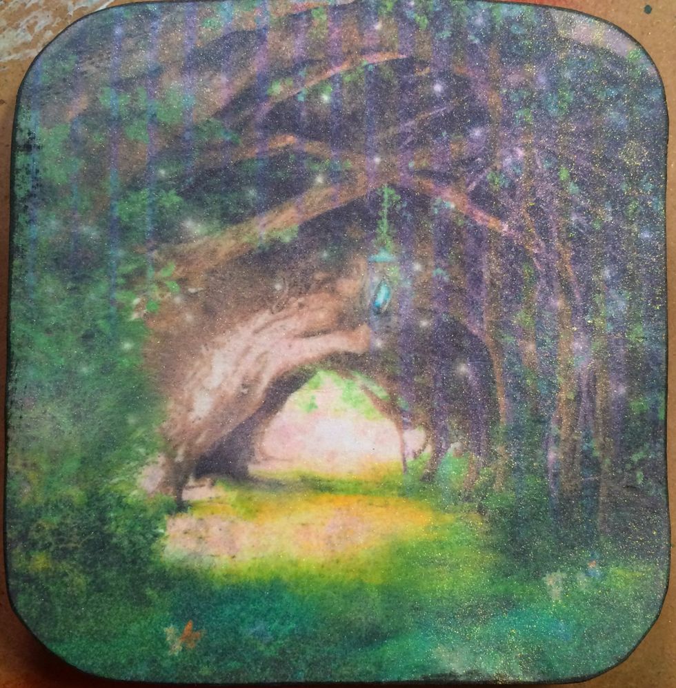 Print and cut your printable to the size you want. I did mine 4x6 and rounded the corners. I then misted it with Art Anthology Mist in Gold.