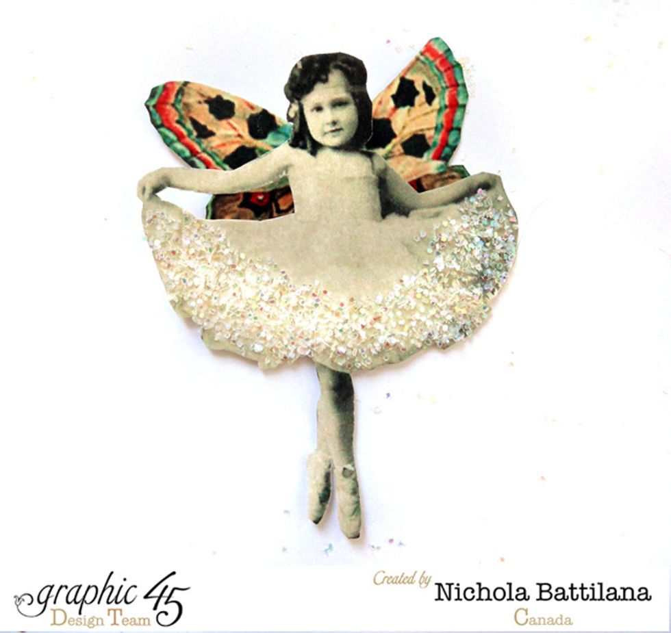 Print and fussy cut a pretty vintage image, add wings and glitter. For images, thegraphicsfairy.com is a great resource.