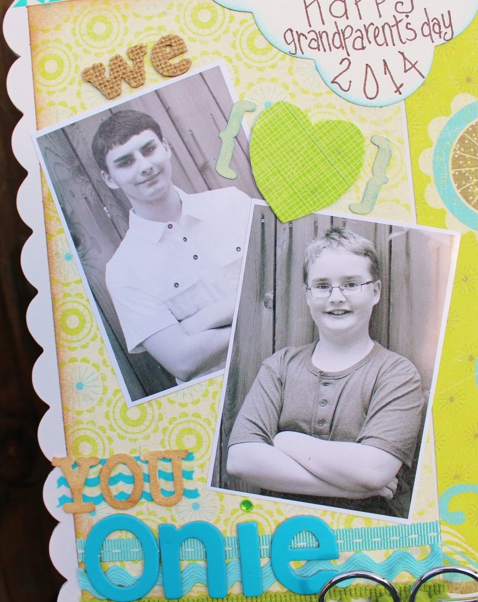 print, arrange and adhere photos to left side of clipboard, leaving room at bottom for wording.