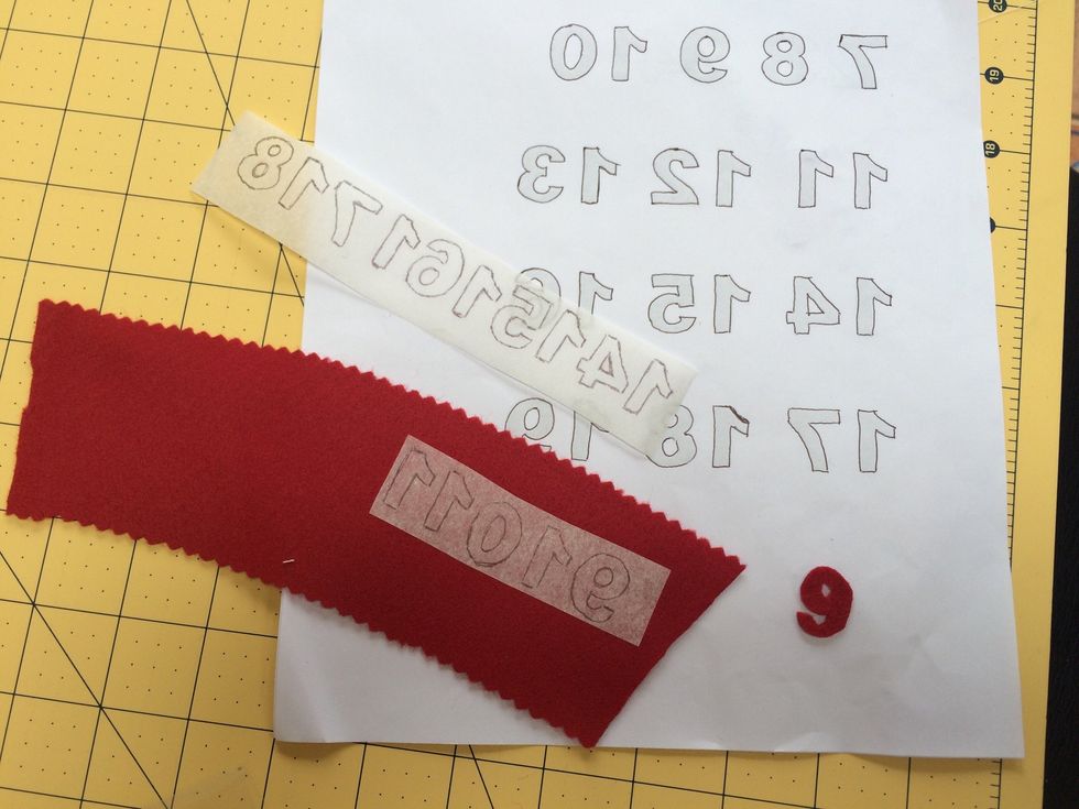 Print numbers off the computer in reverse . Trace 1 to 24 onto bondaweb and iron onto red felt . Then cut out your individual numbers.