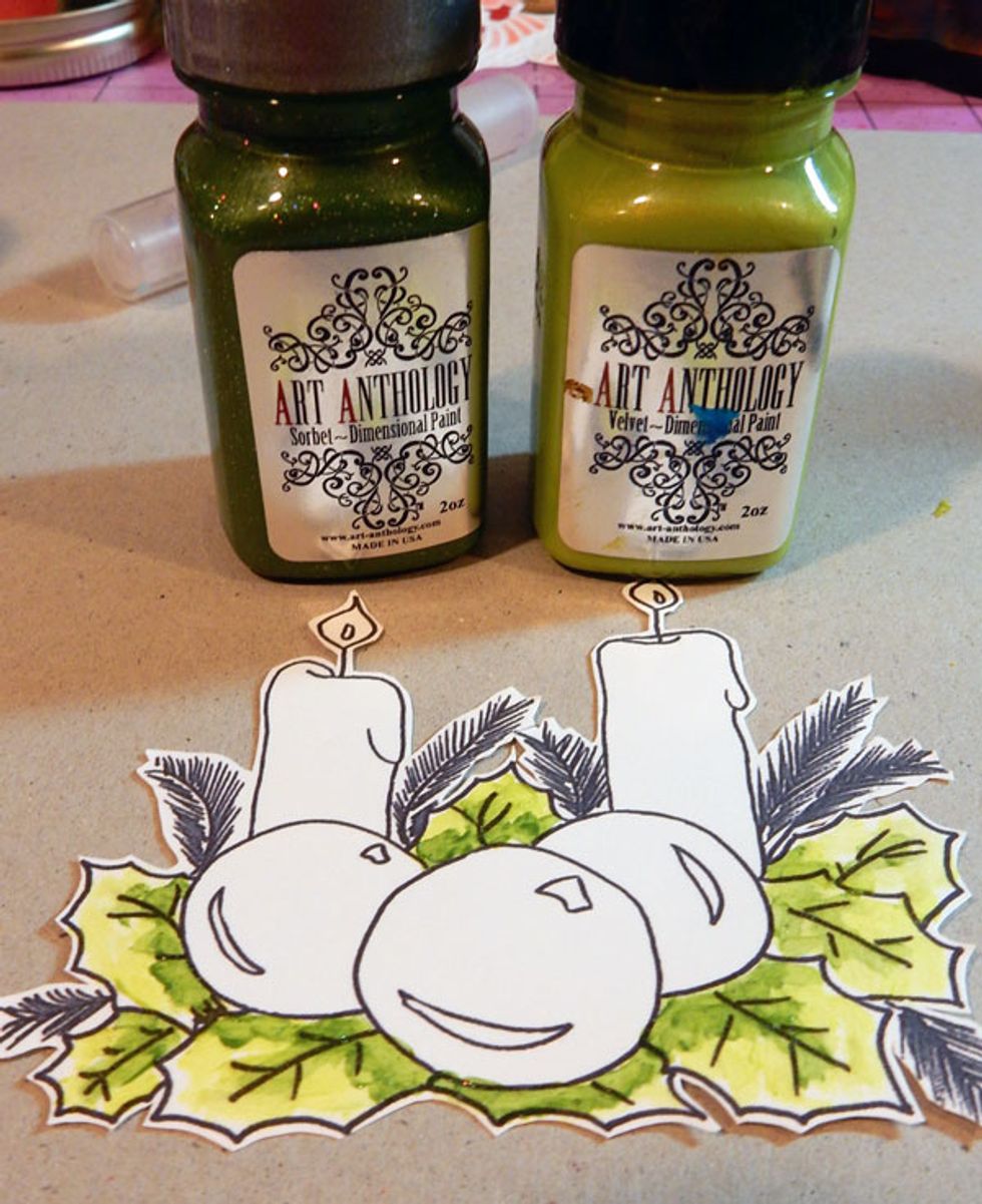 Print or stamp image. Paint leaves with Limeaid Velvet and Leaf Sorbet.