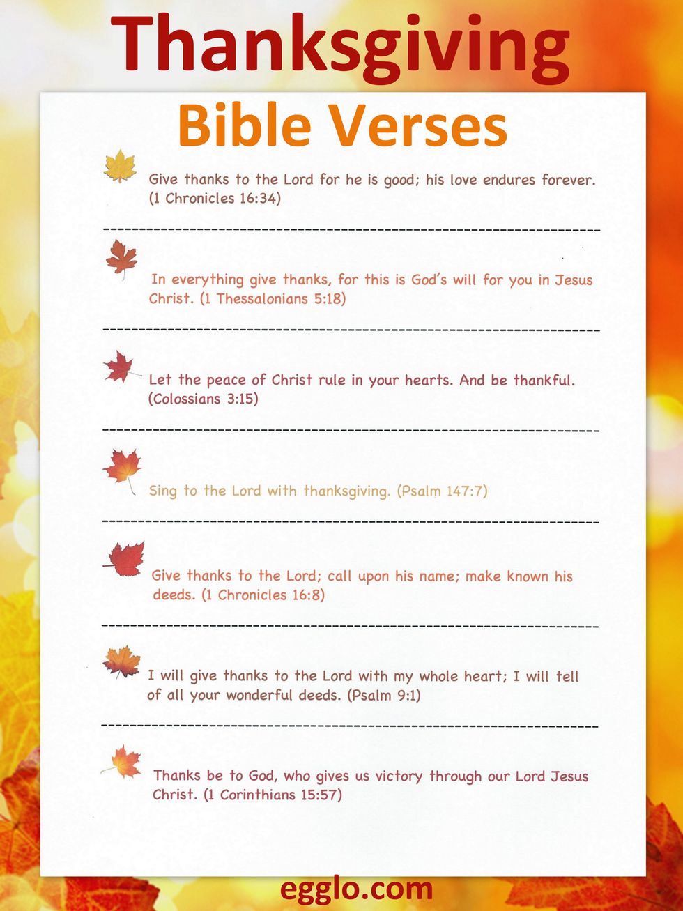 Print out these helpful Bible verses. Or, explore the Bible with your children to come up with your own. http://www.eggloentertainment.com/thanksgiving/