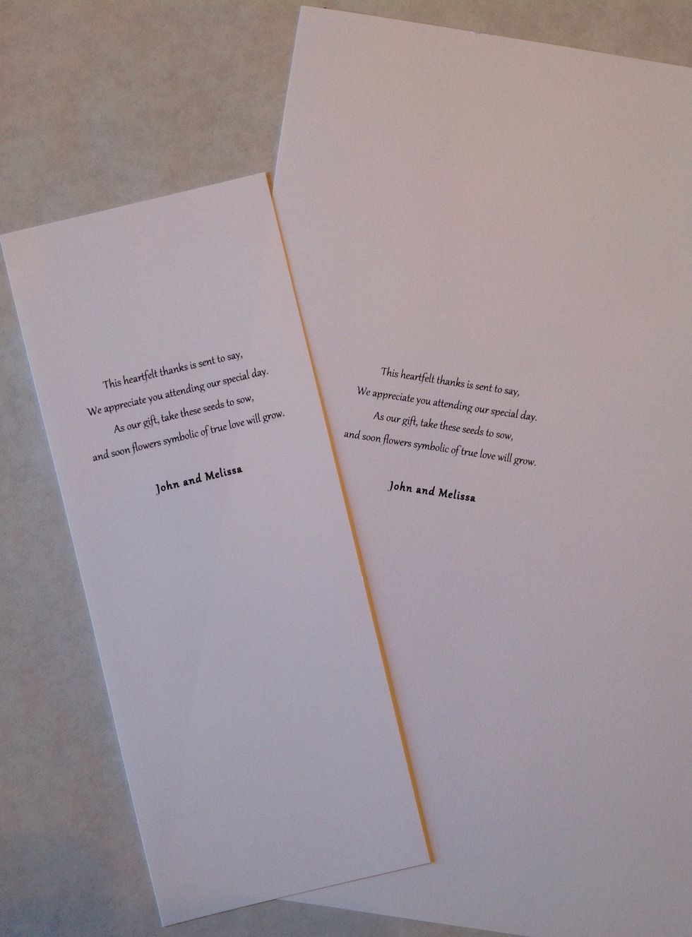 Print the message onto the color cardstock of your choice. Cut it out to the desired size. I am using craft sacks that are 2.5"x 4" to put the flower seeds in, so my cardstock is cut to 31/4"x81/2".