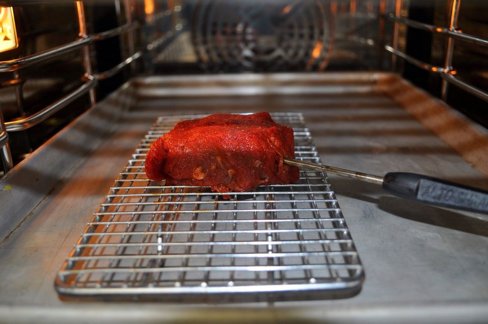 Probe the steaks and cook them at 325F (163C) until they are between 118F (48C) and 125F (52C). Smaller loads should be cooked longer.