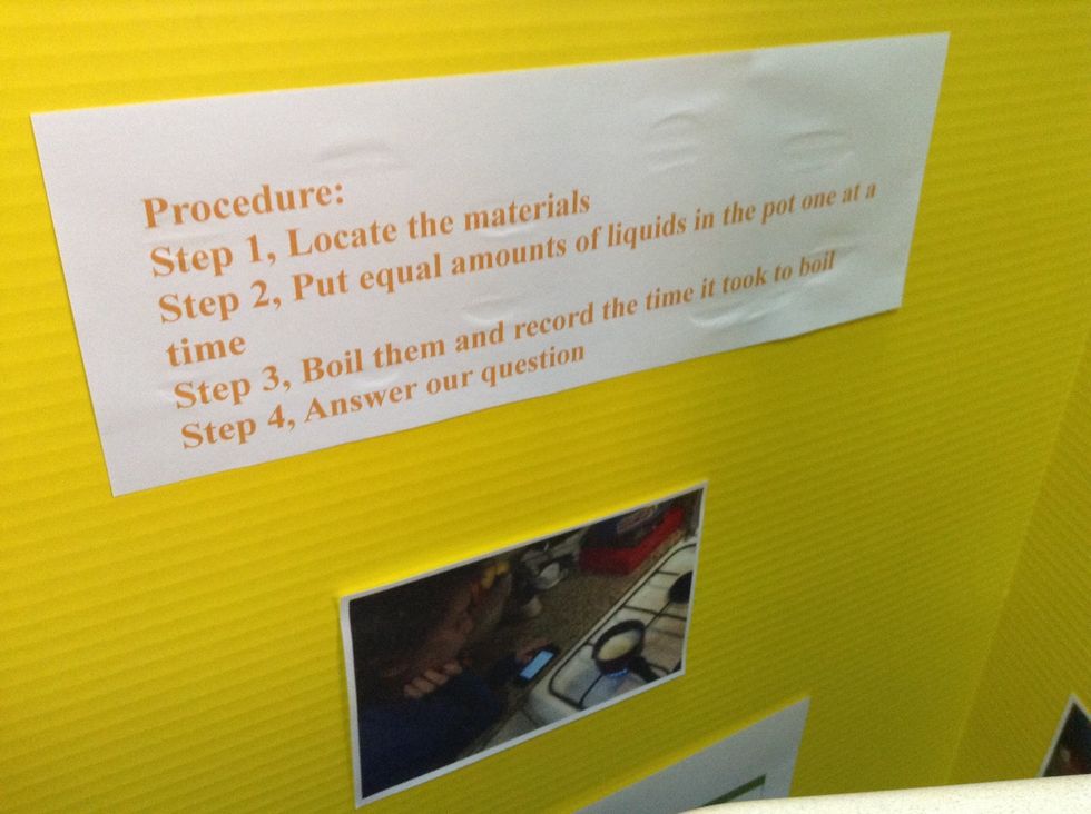 Procedure Step one, locate the materials Step two, put equal amounts of liquids in the pot one at a time Step three, boil them and record the time it took to boil Step four, answer our question