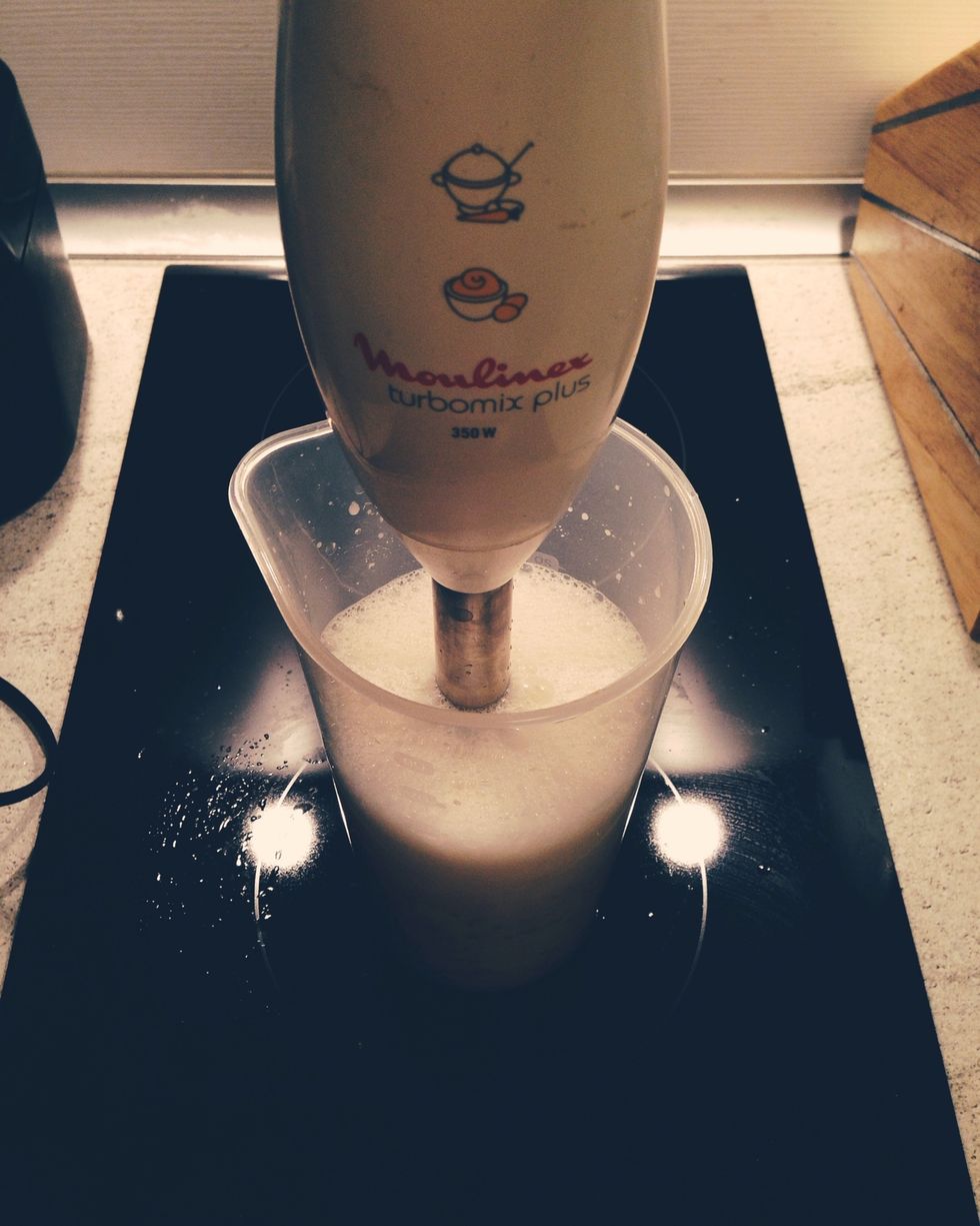Process almonds+water for 5-7min till well mixed.