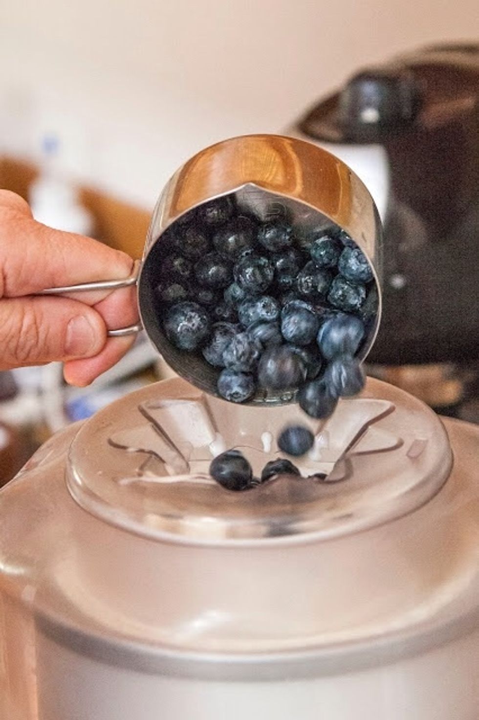 Process the ice cream for about 25 minutes or so, then add in the blueberries. Add them slowly and push them down into the mixture as so that they're evenly distributed through the ice cream mixture.