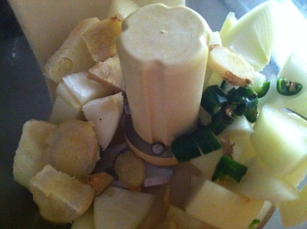 Process the onion, green chilli, ginger and garlic- but not too fine