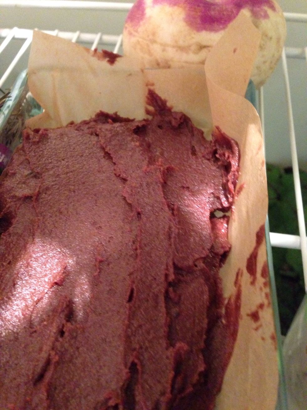 Process until the dates are incorporated, and the chocolate is smooth. I lined parchment in a glass dish and spread it out inside. It will be thick and fudgy, I used a spoon and spatula.
